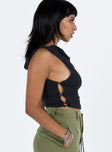 Black crop top Cowl neckline Cut out at side Button fastening at side Good stretch Fully lined 