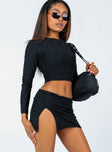 Matching set  Slim fitting  Princess Polly exclusive 95% polyester 5% elastane  Length of size US 4 / AU 8 waist to hem: 32cm / 12.5"   Crinkle material  Long sleeve crop top  Invisible zip fastening at back of top  Mid-rise mini skirt  Side slit 