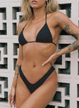 Black bikini top Shirred material Adjustable coverage Tie fastenings Padded cups Fully lined