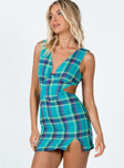 side view of model wearing Princess Polly Emeri Mini Dress Green Check 