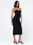 side view of model wearing Princess Polly Fe Midi Dress Black Sweetheart Neckline 