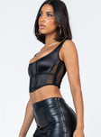 Black crop top Silky material  Sheer mesh panels  Wide neckline  Invisible zip fastening at side 