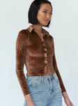 side view of model wearing Princess Polly Elody Long Sleeve Top Velvet Brown 