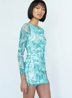 side view of model wearing Princess Polly Winston Mini Dress Green Swirl 