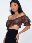 Crop top Princess Polly Exclusive 50% cotton 50% polyester Gingham print  Off the shoulder design  Puff sleeves  Frill hem  Double tie fastening at bust 