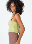 side view of model wearing Princess Polly Aloha Top Green / Pink Sleeveless Square Neck 