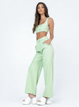 Matching set Crop top Fixed straps Invisible zip fasting at side High waisted pants Wide relaxed leg Belt loops at waist Zip & button fastening Lined top
