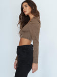 side view of model wearing Princess Polly Alina Long Sleeve Top Brown 