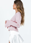 Long sleeve top Silky material Open front Tie fastening Ruched bust Lace detailing Flared cuff