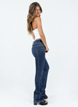 Jeans Dark wash denim Low rise Belt looped waist Zip & button fastening  Three pocket design Slim leg