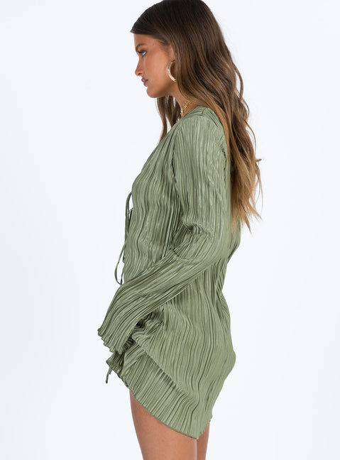 Princess Polly Women's Malop Pliss Long Sleeve Minidress - Green - Mini dresses Princess Polly Women's Malop Pliss Long Sleeve Minidress - Green - Mini dresses
