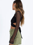 Black long sleeve crop top Mesh material Wrap design Tie fastening  Good stretch Lined body