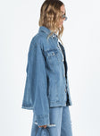 Blue denim jacket Mid wash denim Pointed collar Button fastening at front Twin chest pockets Single button cuff Non-stretch Unlined