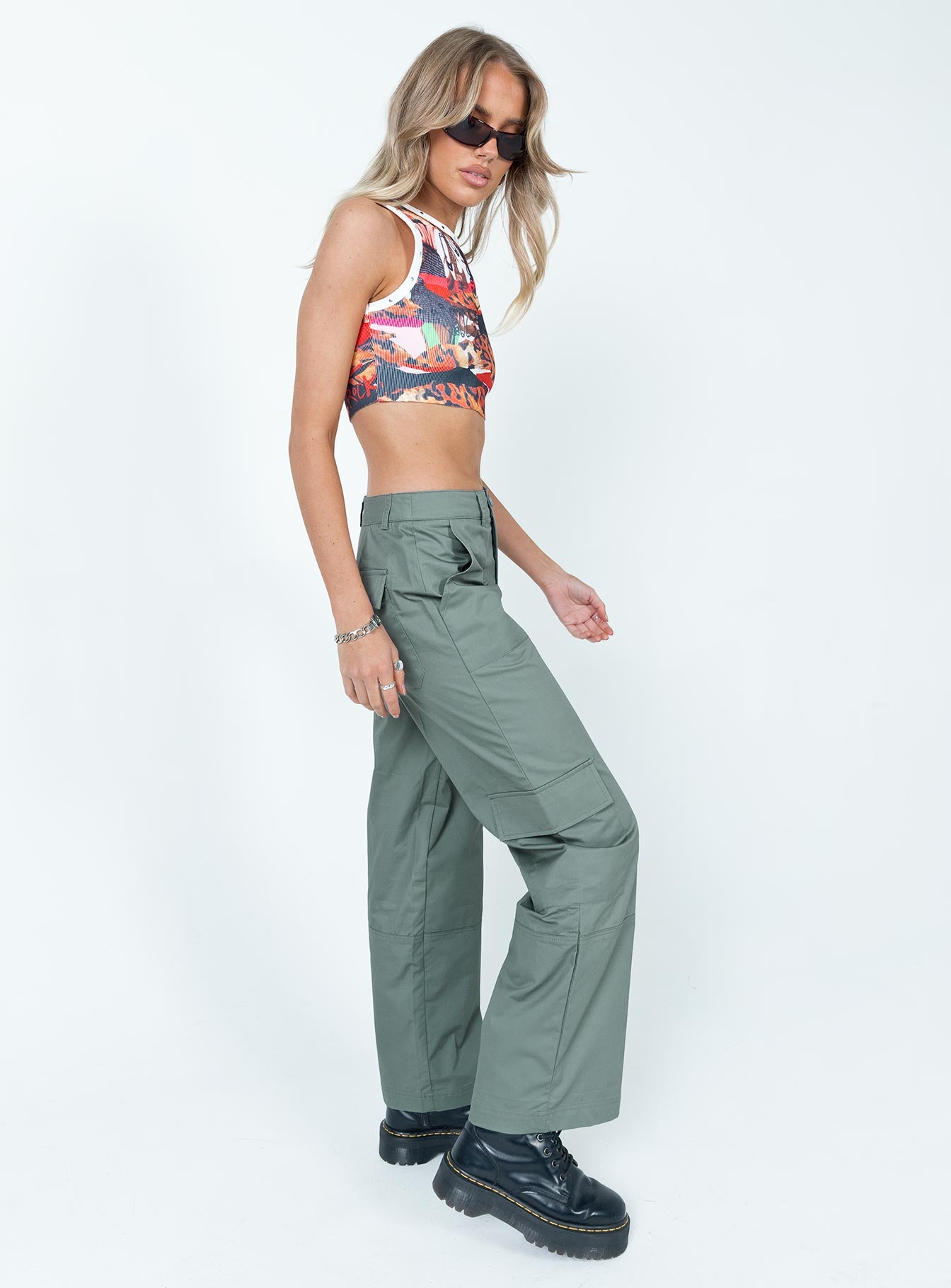 side view of model wearing Princess Polly Luna Mid Rise Cargo Pants Grey 