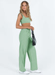 Green matching set Soft brushed material Crop top Invisible zip fastening at side High waisted pants Wide relaxed leg Belt loops at waist Zip & button fastening Non-stretch Lined top
