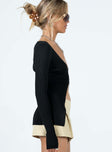 Black long sleeve top Ribbed knit material V-neckline Open front  Longline design