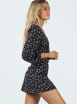 Princess Polly V-Neck  Naturi Long Sleeve Mini Dress Black / Floral