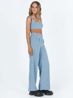 Matching set blue Soft brushed material Crop top Invisible zip fastening at side High waisted pants Wide relaxed leg Belt loops at waist Zip & button fastening Non-stretch Lined top
