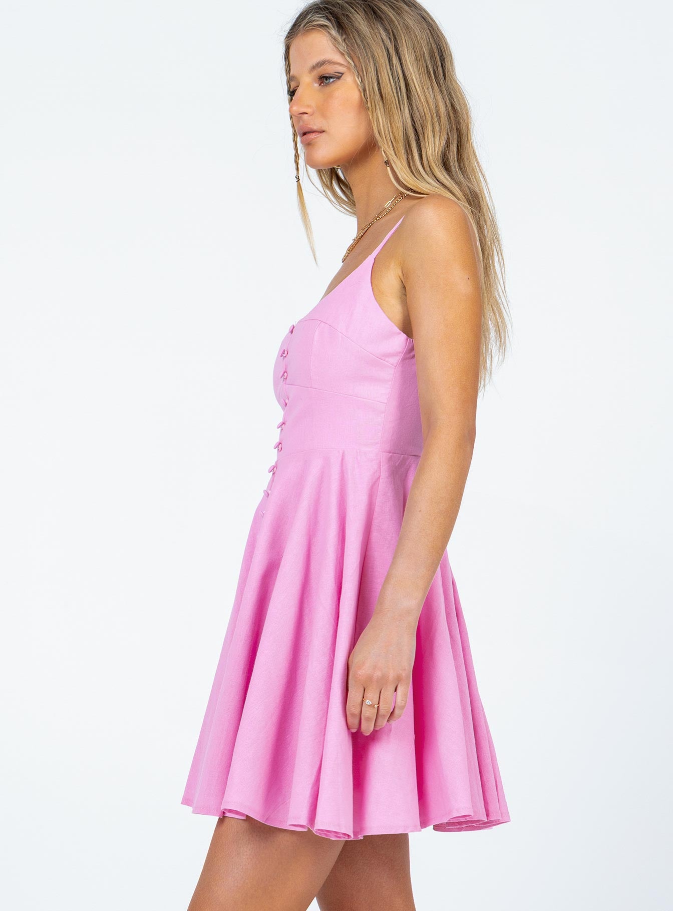 side view of model wearing Princess Polly Marena Mini Dress Pink 