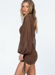 side view of model wearing Princess Polly Aleena Mini Dress Brown 