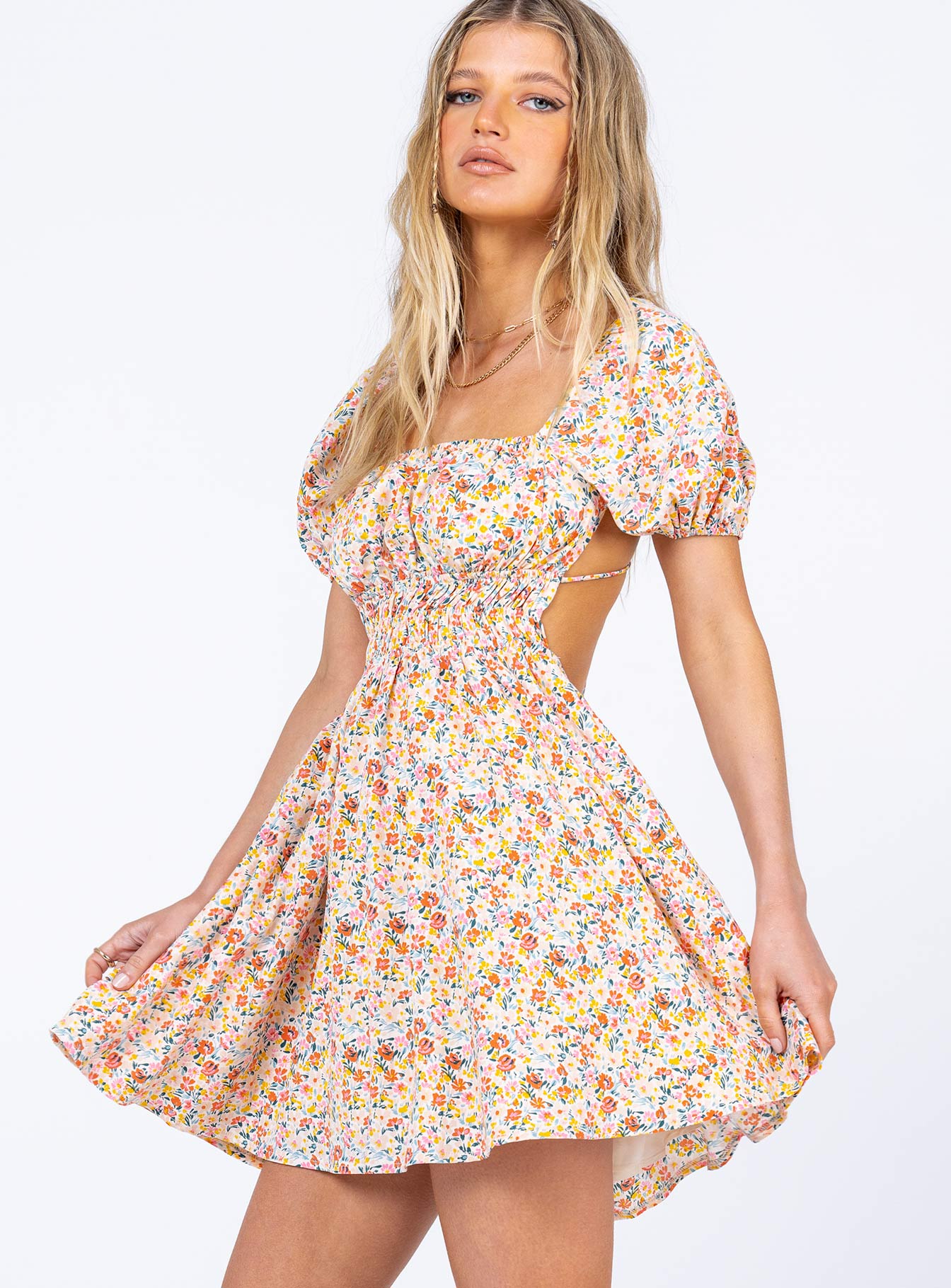 side view of model wearing Princess Polly Lillian Mini Dress Multi Floral 