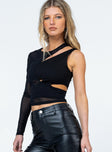 Crop top Slim fitting  Princess Polly exclusive Outer layer: 95% polyester 5% elastane Inner layer: 95% cotton 5% elastane Sheer mesh material  Overlapping cut out design  One sheer long sleeve  These items can be worn separately 