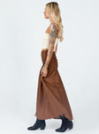   side view of model wearing Princess Polly Porto Maxi Skirt Brown Maxi 