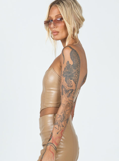 side view of model wearing Princess Polly Jessica PU Bustier Beige 