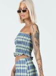 Strapless crop top  100% cotton  Shirred material  Plaid print  Frill hem  Good stretch  Unlined 