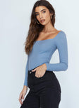 side view of model wearing Princess Polly Charlotte Bodysuit Blue Full Sleeves Square Neck 