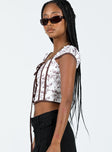 Corset top Graphic print Cap sleeves Square neckline Lace-up fastening at front Boning throughout  Zip fastening at back