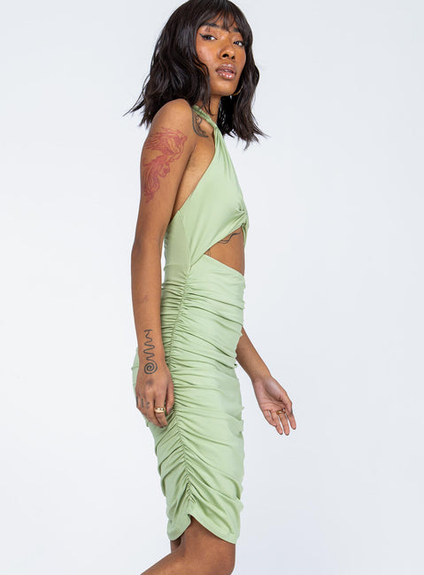 side view of model wearing Princess Polly Lorraine Mini Dress Green 