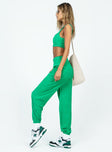 Green matching set Terry towelling material Crop top Invisible zip fastening at side Pants Elasticated waistband & cuffs