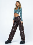 front view of model wearing Princess Polly Motel Parallel Trouser Croc PU Dark Brown 