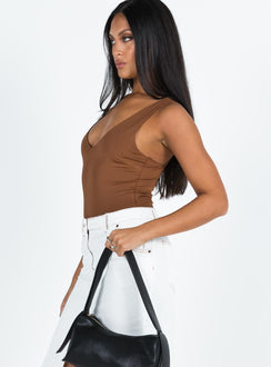 side view of model wearing Princess Polly Sosie Bodysuit Brown Sleeveless Plunger 