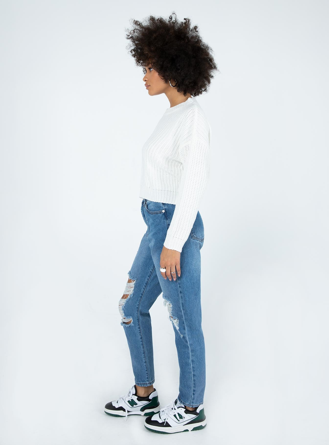 side view of model wearing Princess Polly Damion Ripped Mom Denim Jeans Mid Rise 