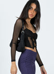 Long sleeve corset Mesh material Square neckline Cut out detail at front Double pointed hem