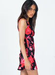 side view of model wearing Princess Polly Harlow Mini Dress Red Floral 