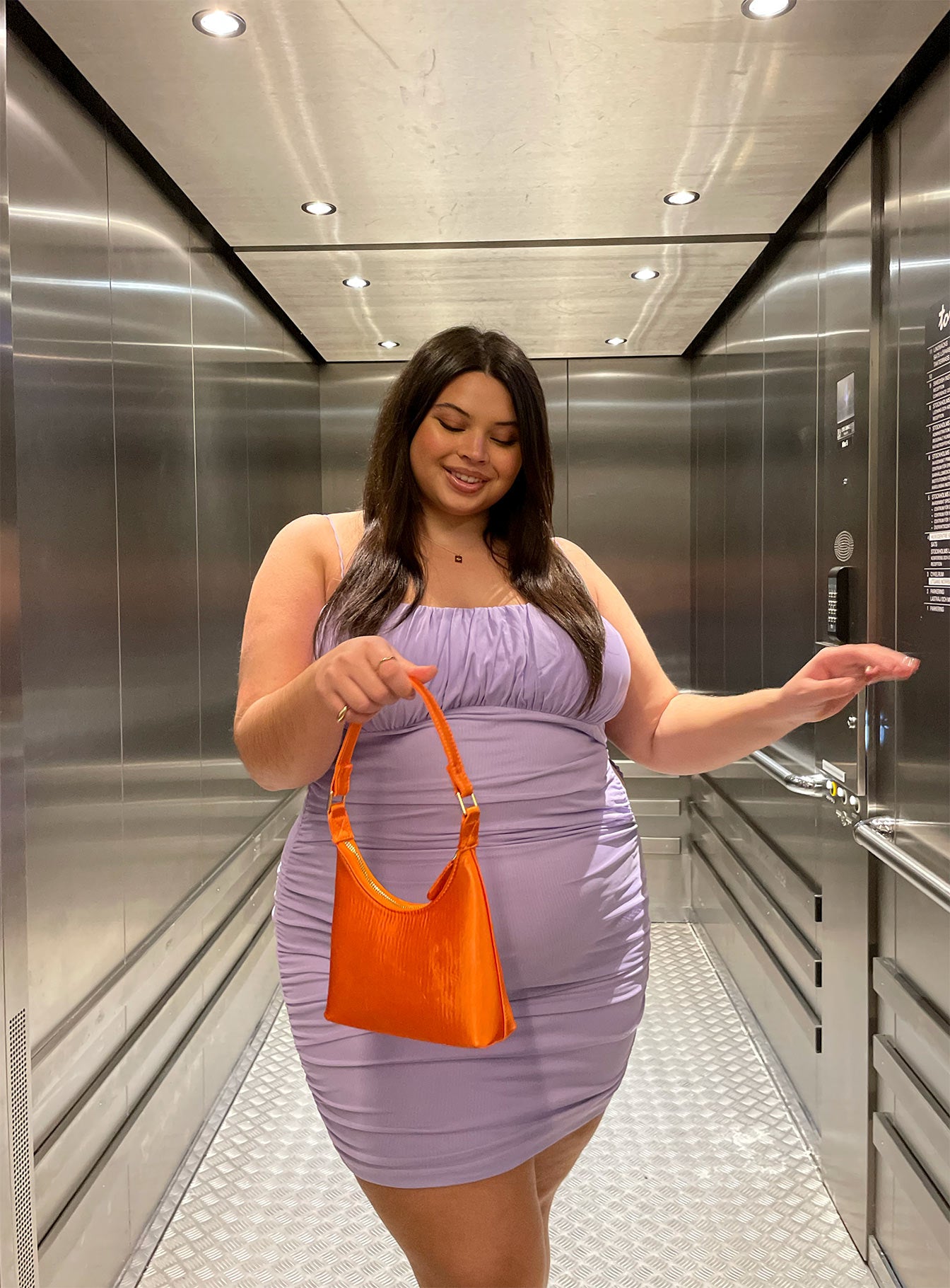 front view of model wearing Princess Polly Penney Mini Dress Purple Curve 