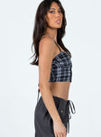 Crop top Mesh material  Plaid print  Adjustable shoulder straps  Hook & eye front fastening  Wired cups  Ruched sides  Good stretch  Fully lined 
