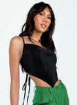 side view of model wearing Princess Polly Julia Plisse Top Black Sleeveless Cowl 