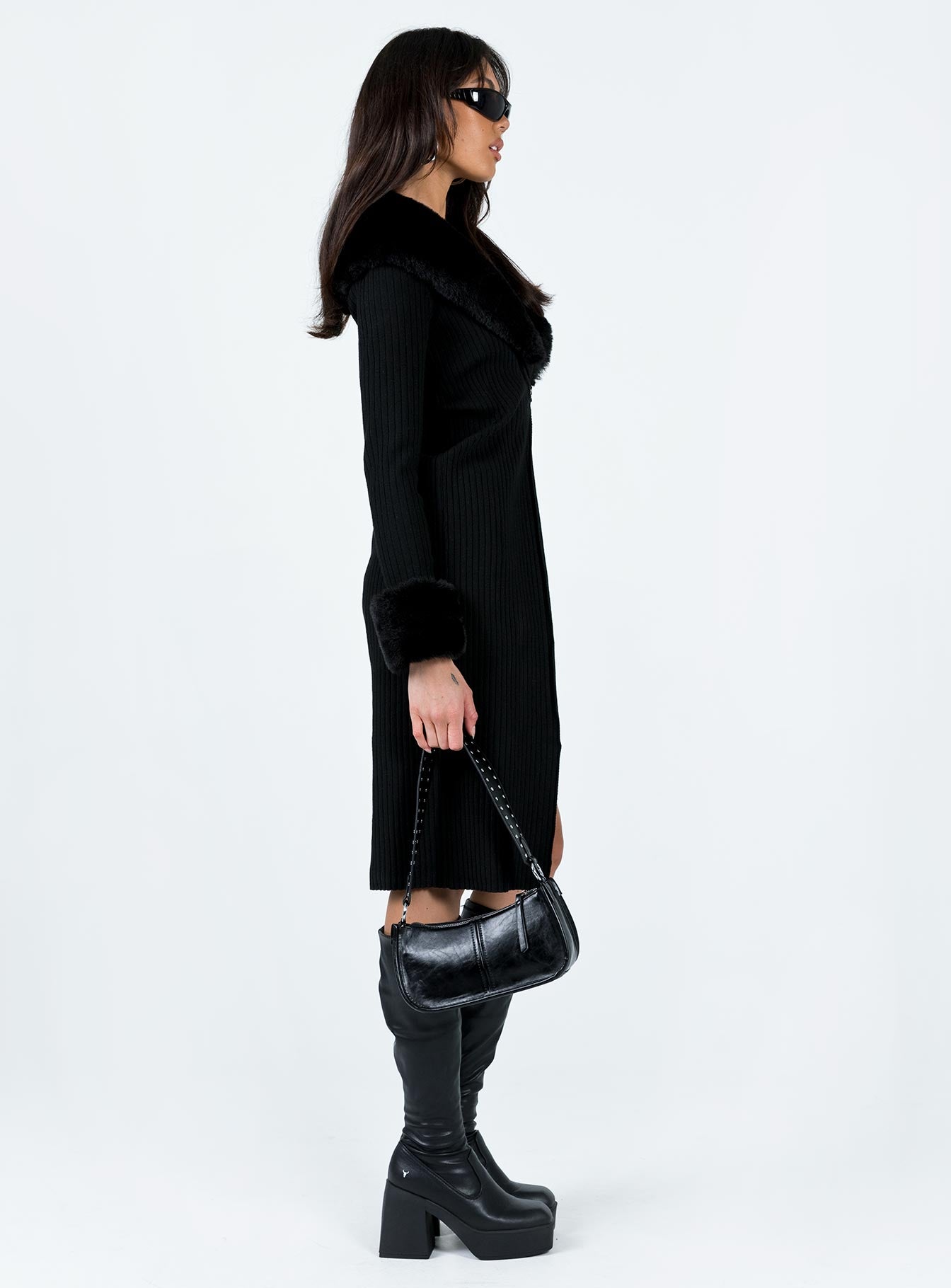 Daru Faux Fur Cardigan Black Long 