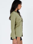 Green long sleeve shirt Silky material Classic collar Tie fastening at front
