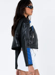 Cropped jacket Faux leather material High neckline Zip fastening at front Twin hip pockets