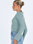 Blue top Ribbed knit material Scoop neck Stitching detail under bust Good Stretch Unlined 