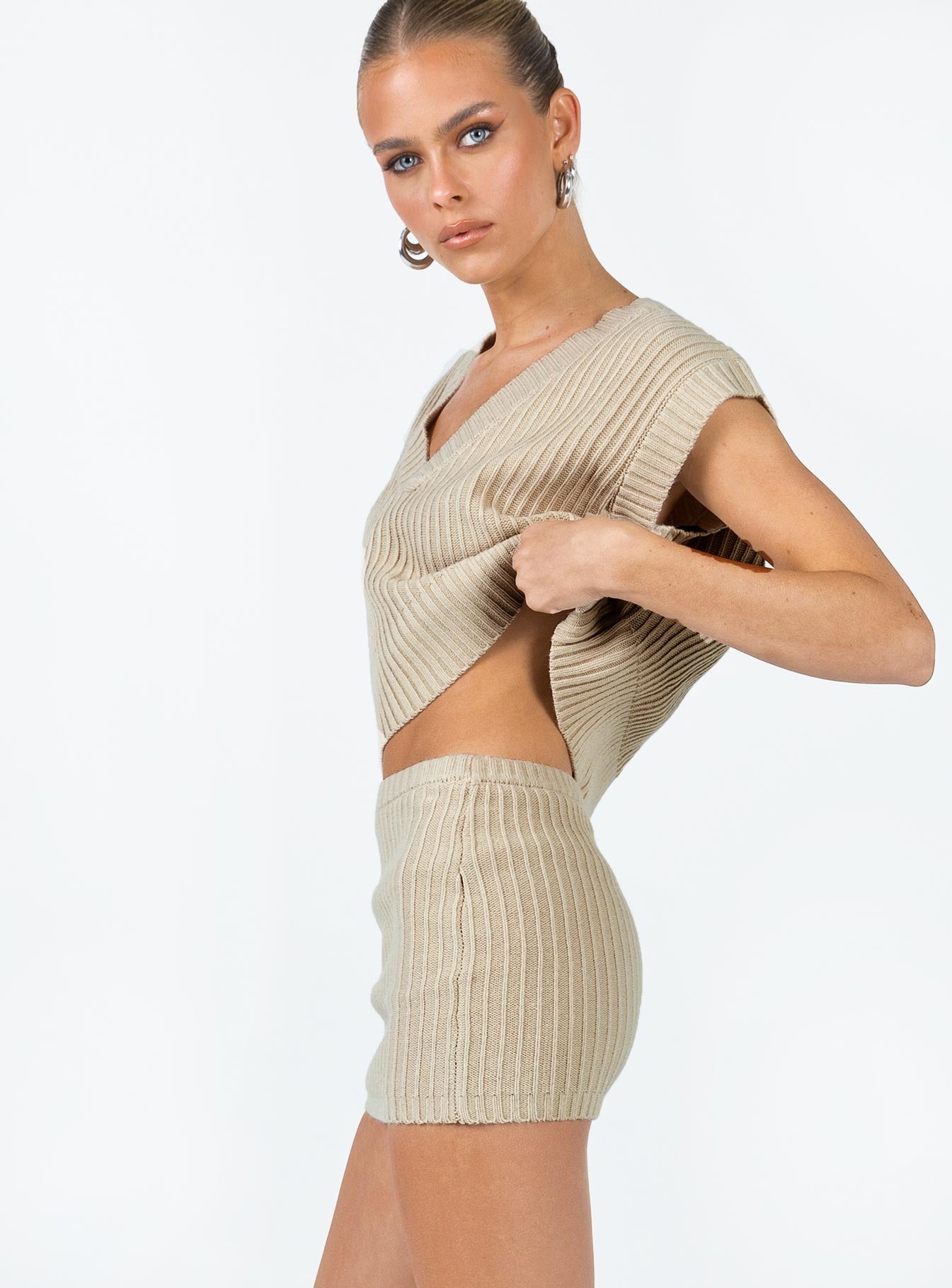 Saddle Knit Mini Skirt Beige