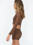 Matching set Sheer mesh material  Long sleeve top  Mini skirt  Elasticated waistband 