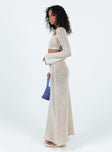 Two piece set Knit material Crop long sleeve top Square neckline Maxi skirt Elasticated waistband Good stretch 