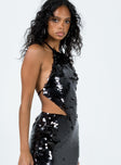 Halter top Embellished with sequins made from recycled plastic Tie fastening at neck & back Open back style