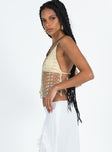 side view of model wearing Princess Polly Cecelia Embroidery Top Gold Sleeveless V-Neck 